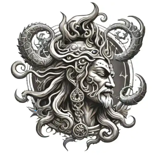 A Tattoo Design Featuring A Powerful Shiv God Surrounded By Darkness And Energy