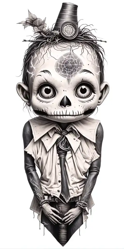 Cute Stiched Whole Body Voodoo Puppet With Cylinder Hat And Lightining Storm And Vegvisir And Nature