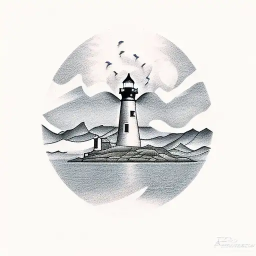 Mountains With Water And Lighthouse And Camera