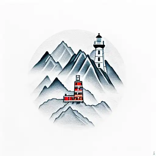 Mountains With Water And Lighthouse Hacing Camera Symbol In It