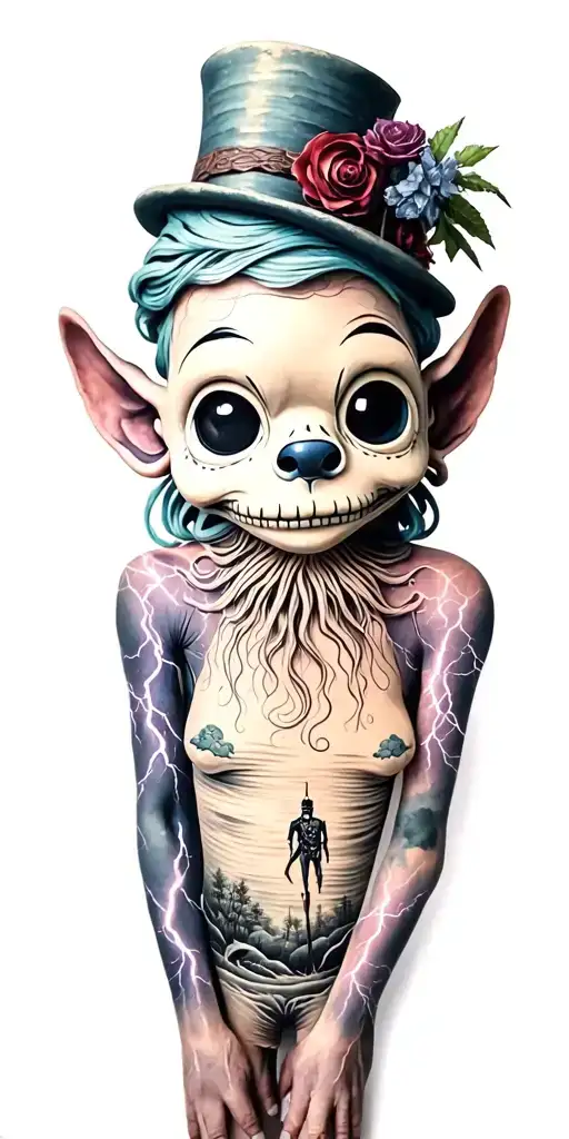 Cute Stiched Whole Body Voodoo Puppet With Cylinder Hat And Lightining Storm And Vegvisir And Nature