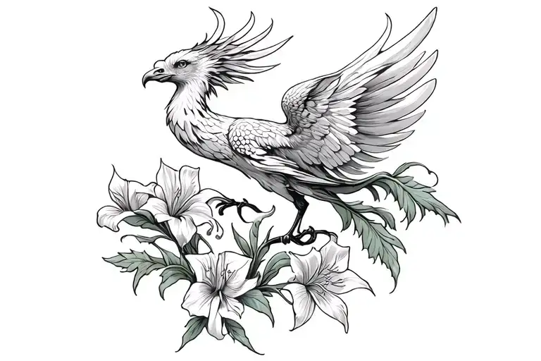 Phoenix Rising From Gladiolus Flower Intertwined Vines