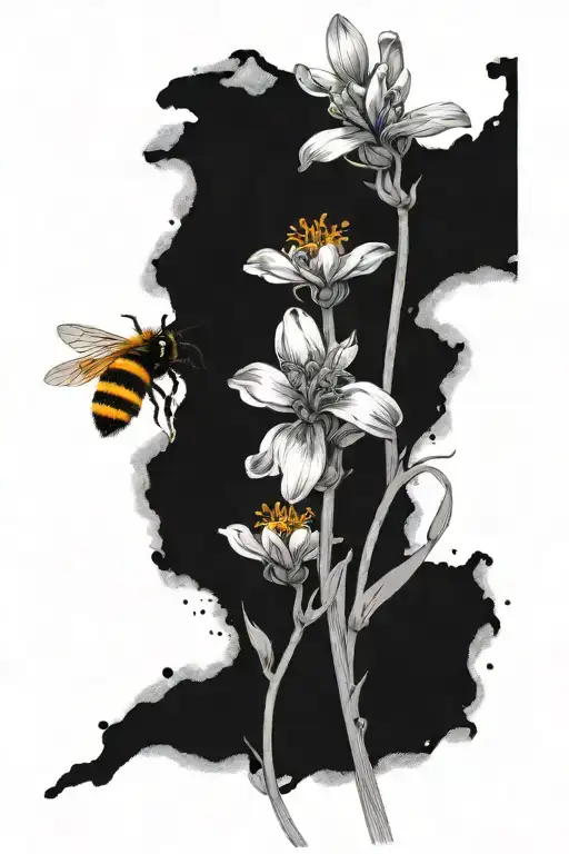 Design A Black-grey Tattoo Of A Saffron Plant With Bumblebees Buzzing Around It