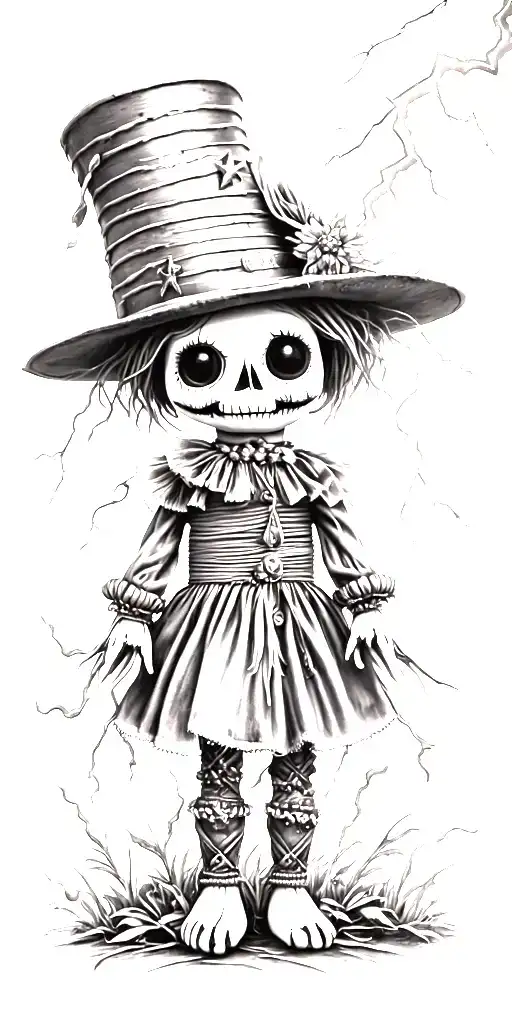 Cute Voodoo Doll With Cylinder Hat And Nature And Lightning Storm