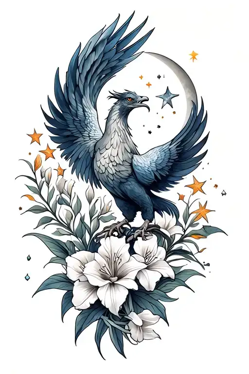 Phoenix With Gladiolus And Moon And Stars