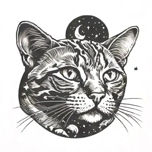 A Minimalist Tattoo Design Of A Cat Stars And Moons