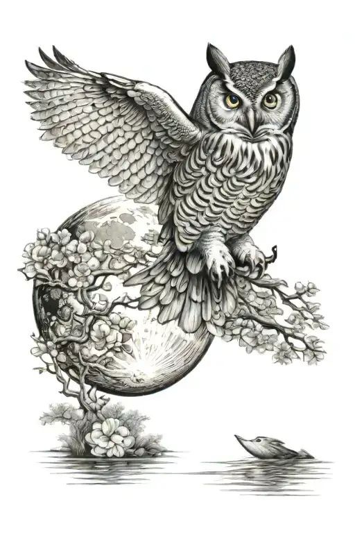 Moon Over Water And A Owl Flying Towards