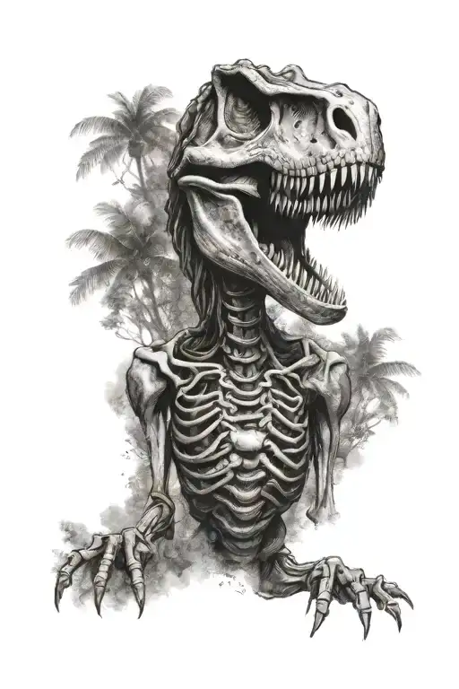 A Dotwork Tattoo Of A T Rex Skeleton With A Jurassic Park Logo Incorporated Into The Design