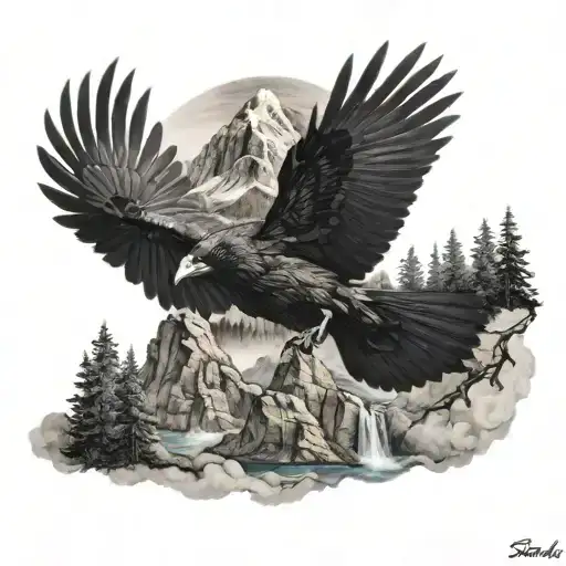 A Majestic Raven Flying Over A Mountain Range With A River Flowing Through The Forest Below