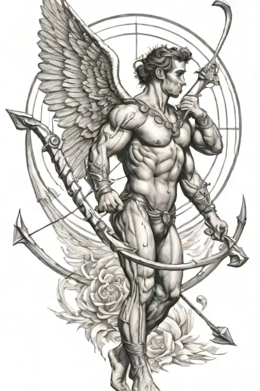Muscular Sagittarius With Wings Holding An Arrow And A Big Jupiter Planet In Background