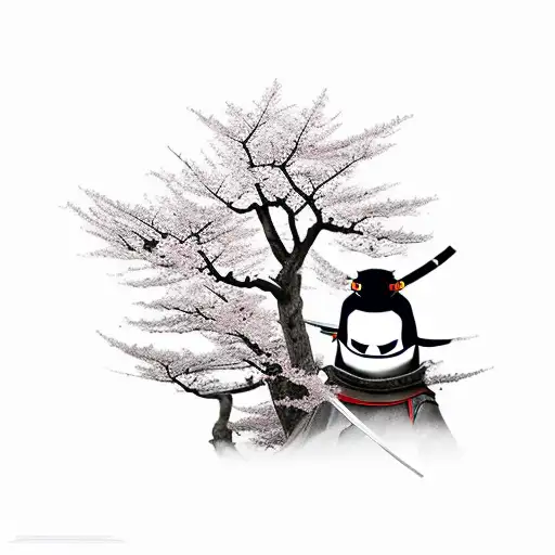 Samurai Penguin With A Kabuto And A Katana Walking Through Sakura Trees