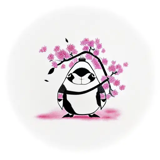 Samurai Penguin With A Kabuto And A Katana Walking Through Pink Sakura Trees