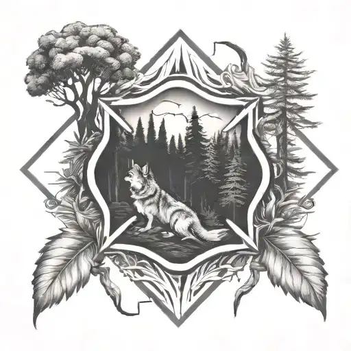 A Firefighter Emblem Surrounded By Nature Elements Like Trees And Wolves