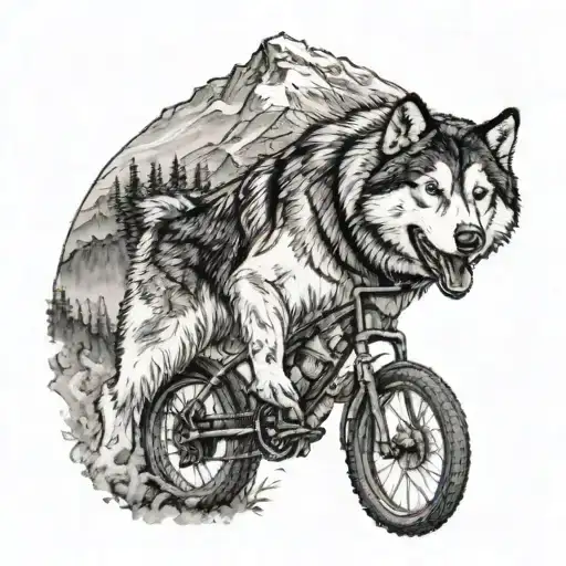 Alaskan Malamute Riding A Mountain Bike