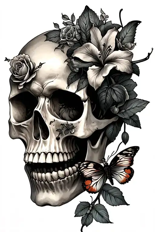 Skull Turned A Little Bit Sideways With Moths And Roses And Lilly Flower