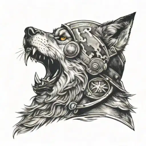 A Wolf Howling At The Moon With A Military Helmet On