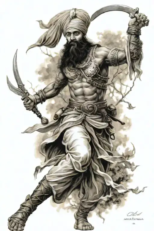Sikh Warrior Battle Scene Featuring Elements Like Trees