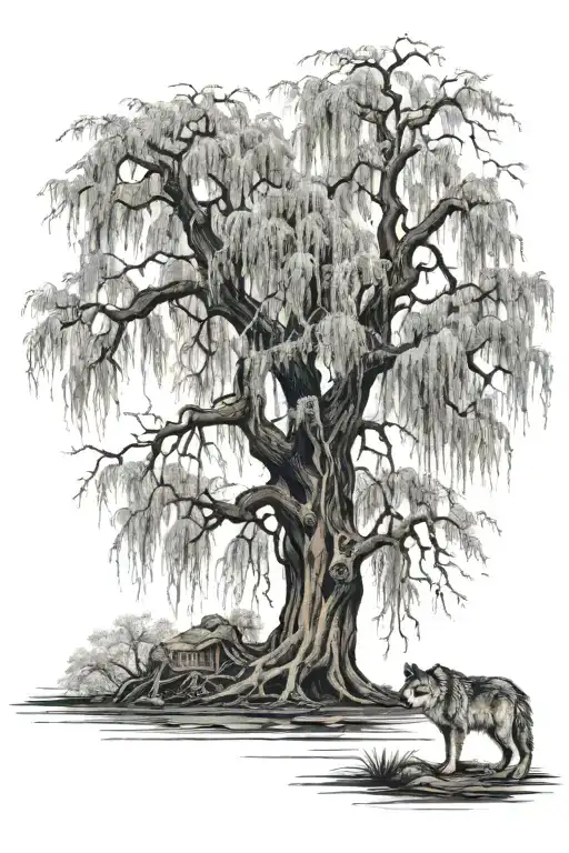 Old Weeping Willow Tree With A Wolf Underneath It