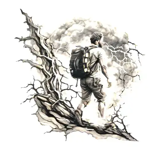 A Realistic Tattoo Of A Hiker Walking Through A Storm With Lightning Striking In The Background