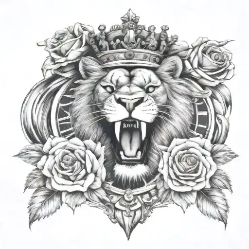 Lions Upper Body Roaring With A Crown And Roses Intertwined And A Roman Numeral Clock