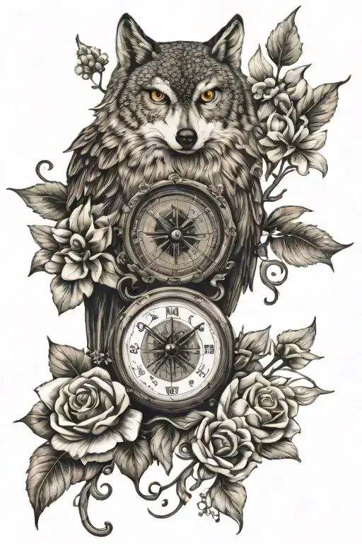Compass Wolf Clock Flower Owl With Flowers