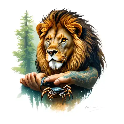 Lion On Hand With A Forest That Takes Washing Arms With A Scorpion In