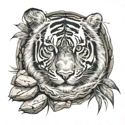 Eye Inside A Stream Wiith Boulders With Tiger