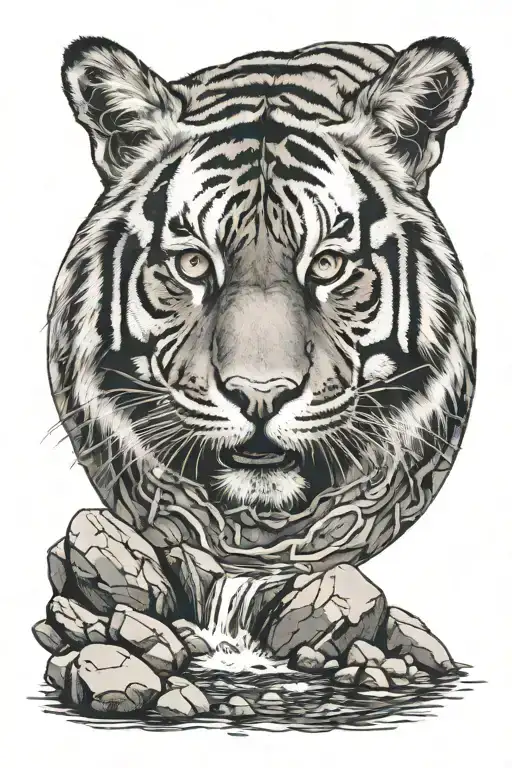 Eye Inside A Stream Wiith Boulders With Tiger