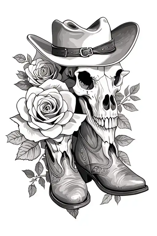 Country And Western Style Cow Skull Cowboy Boots Cowboy Hat Roses Mam Dad
