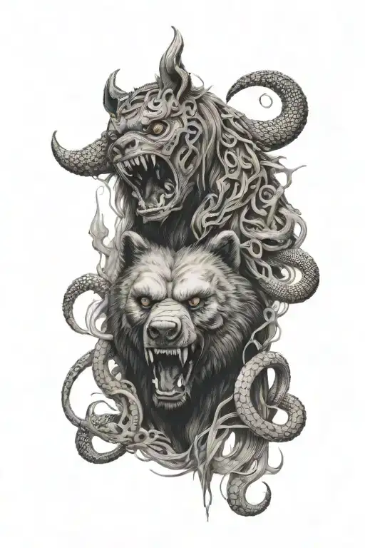 Bear In The Center With Oni Demon Mask Surrounded With Snakes