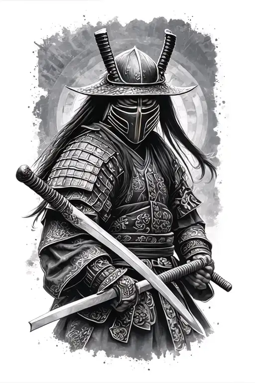 Samurai With Katana In Mask Black And White Tattoo Sketch Simple