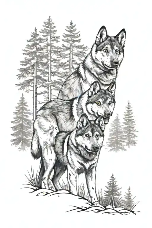 Two Norwegian Elkhound Dogs Standing In A Forest Landscape Filled