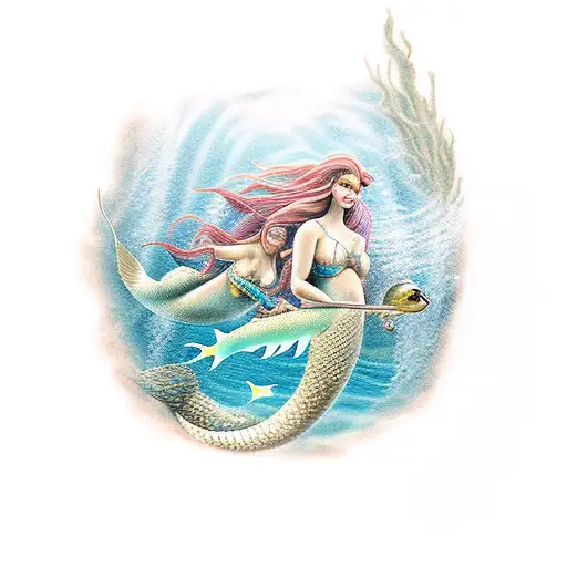 Diver With A Mermaid Around