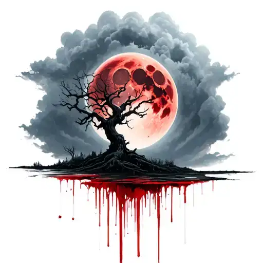Eerie Tree Blood Moon And Clouds
