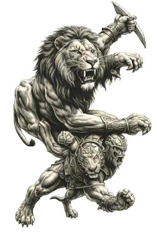 Lion Head Tattoo Holding With Gladiator Fighting Each Other