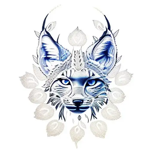 A Dotwork Tattoo Of A Lynx Listening To Music With Forget-me-not Flowers In The Background
