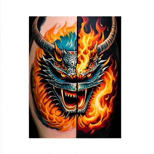 Samurai Mask Split With A Dragon Breathing Fire