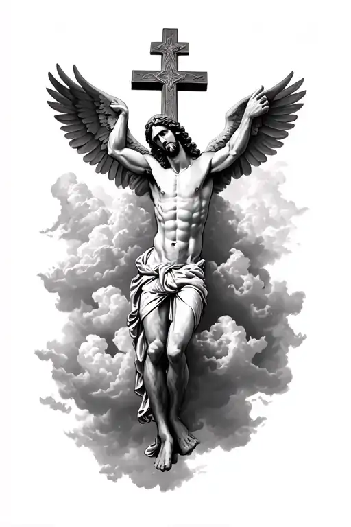 Angles And Jesus Holding Cross With Lots Of Clouds
