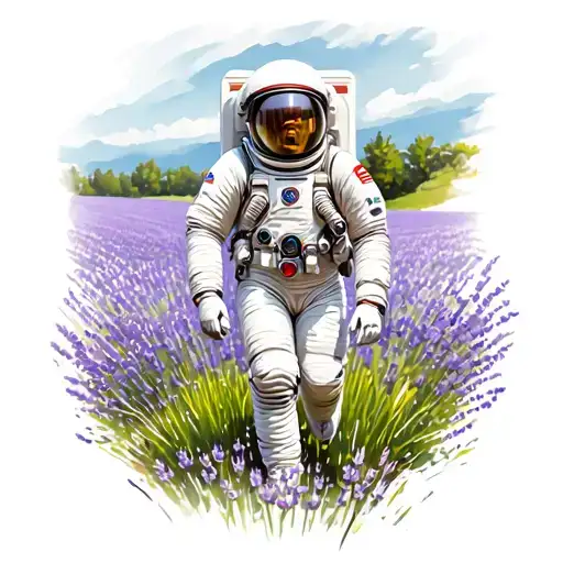 Astronaut Walking In A Field Of Lavender Flower