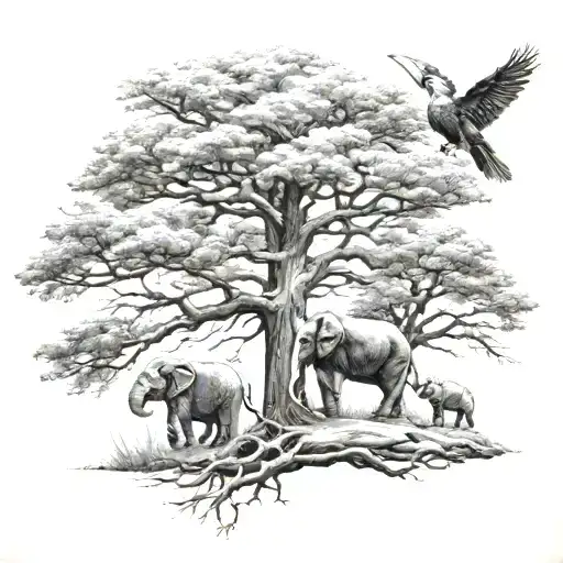Oak Tree With 1 Elephant 1 Eagle And 1 Hoeny Badger