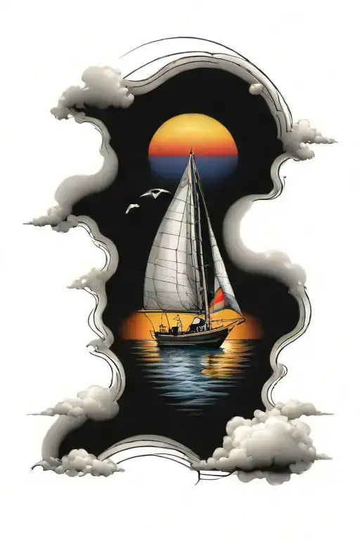 Modern Sail Boat With Sunset And Rainbow