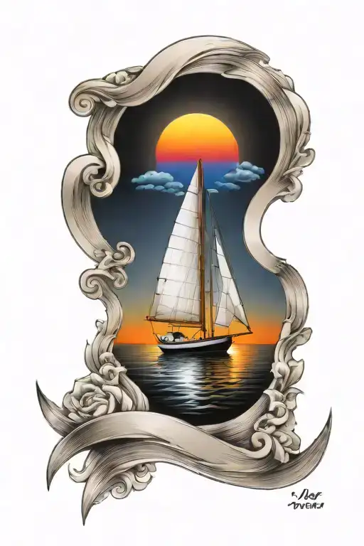 Modern Sail Boat With Sunset And Rainbow