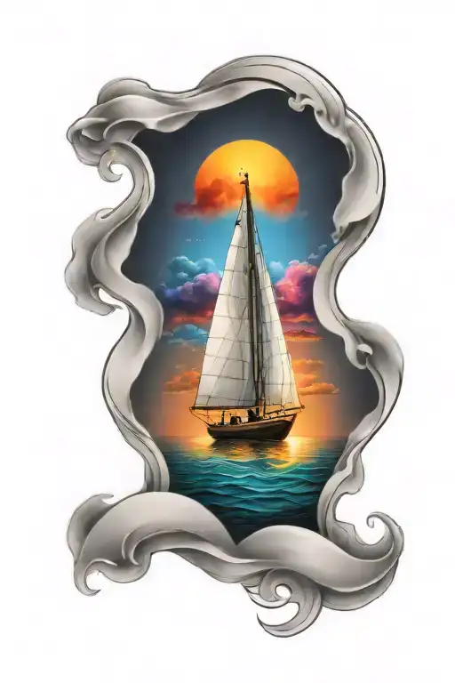 Modern Sail Boat With Sunset And Rainbow