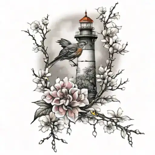 Light House Apple Blossom And Robin Bird