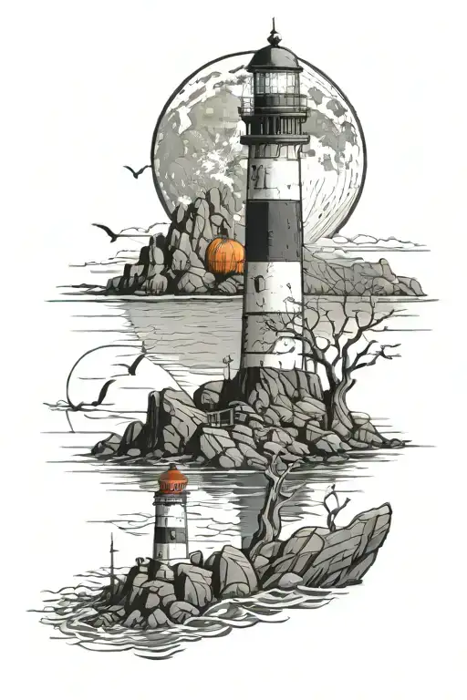 A Moon Over A Lighthouse On A Rocky Coast With A Pumkin Patch And A Giant Squid In The Ocean