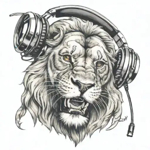 Split Face Lion Chewing Skull Wearing Headphones