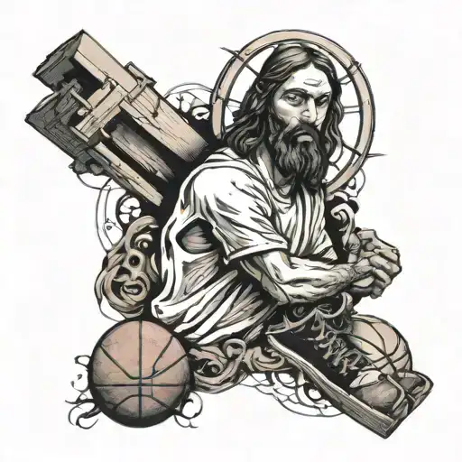 A Cross Made Of Sports Equipment With Jesus Holding A Basketball And Surrounded By Animals