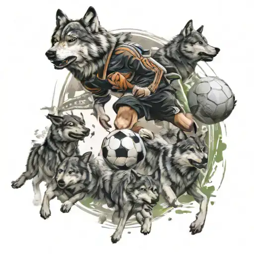 A Soccer Player Kicking A Ball With A Pack Of Wolves Running Alongside
