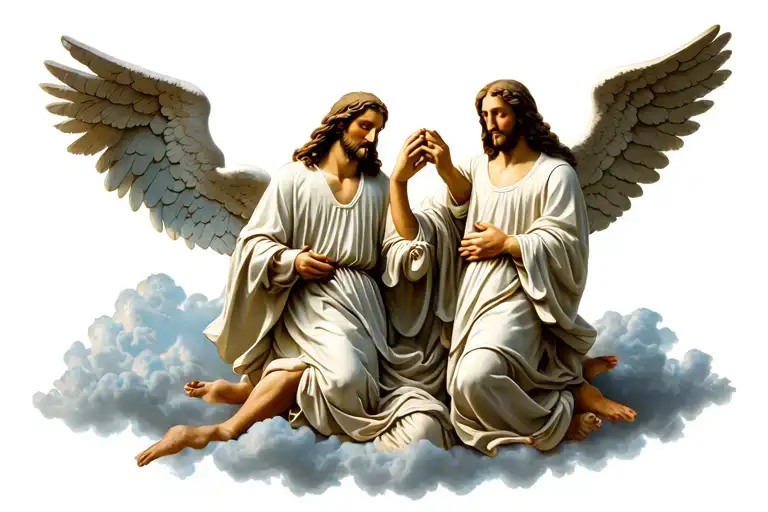 Angels On The Ground Over Them Jesus And Clouds