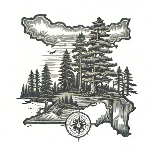 Michigan State Outline With Pine Tree And Compass